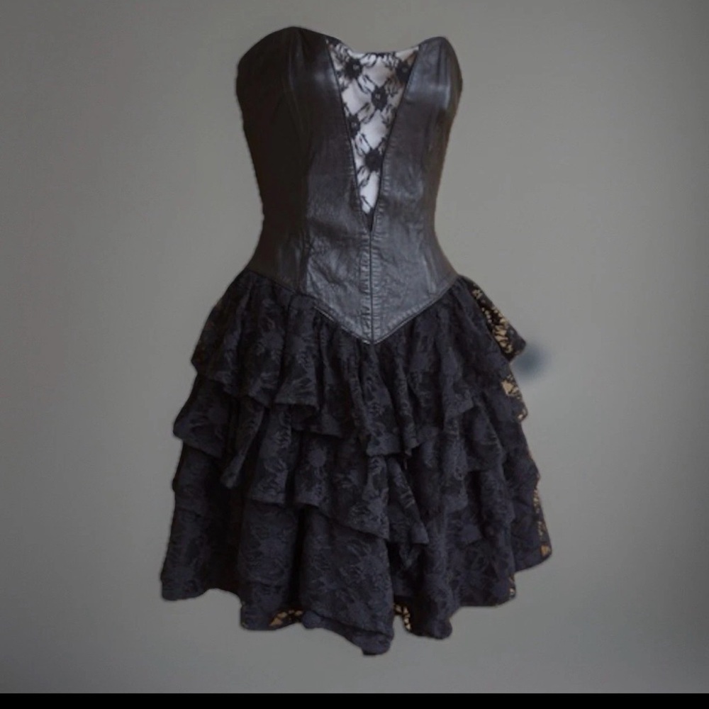 Vintage FIRENZE Black Leather Lace Mini Dress Women's Size Small